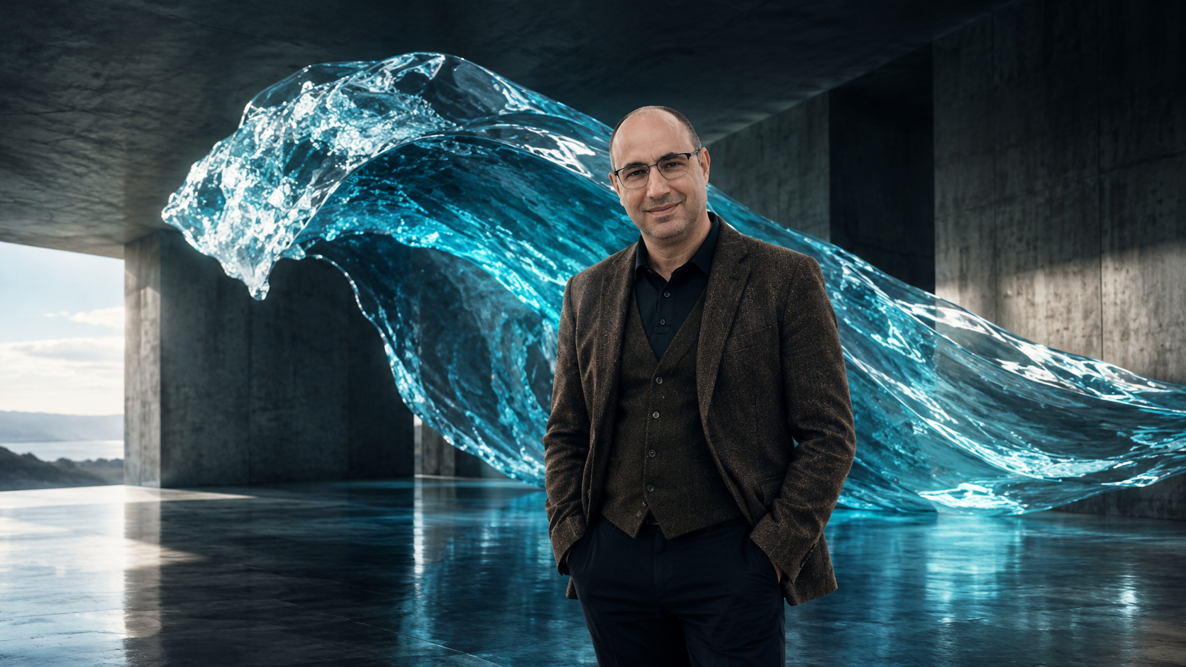 Eran Kolran in front of a luminous blue wave inside a concrete pavilion
