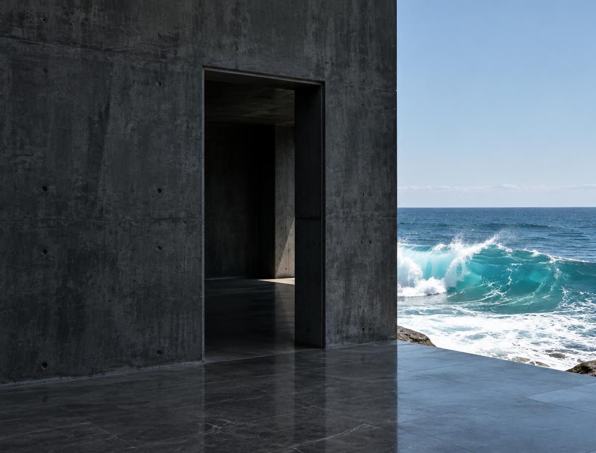 Ocean waves at the doorway of a concrete coastal pavilion